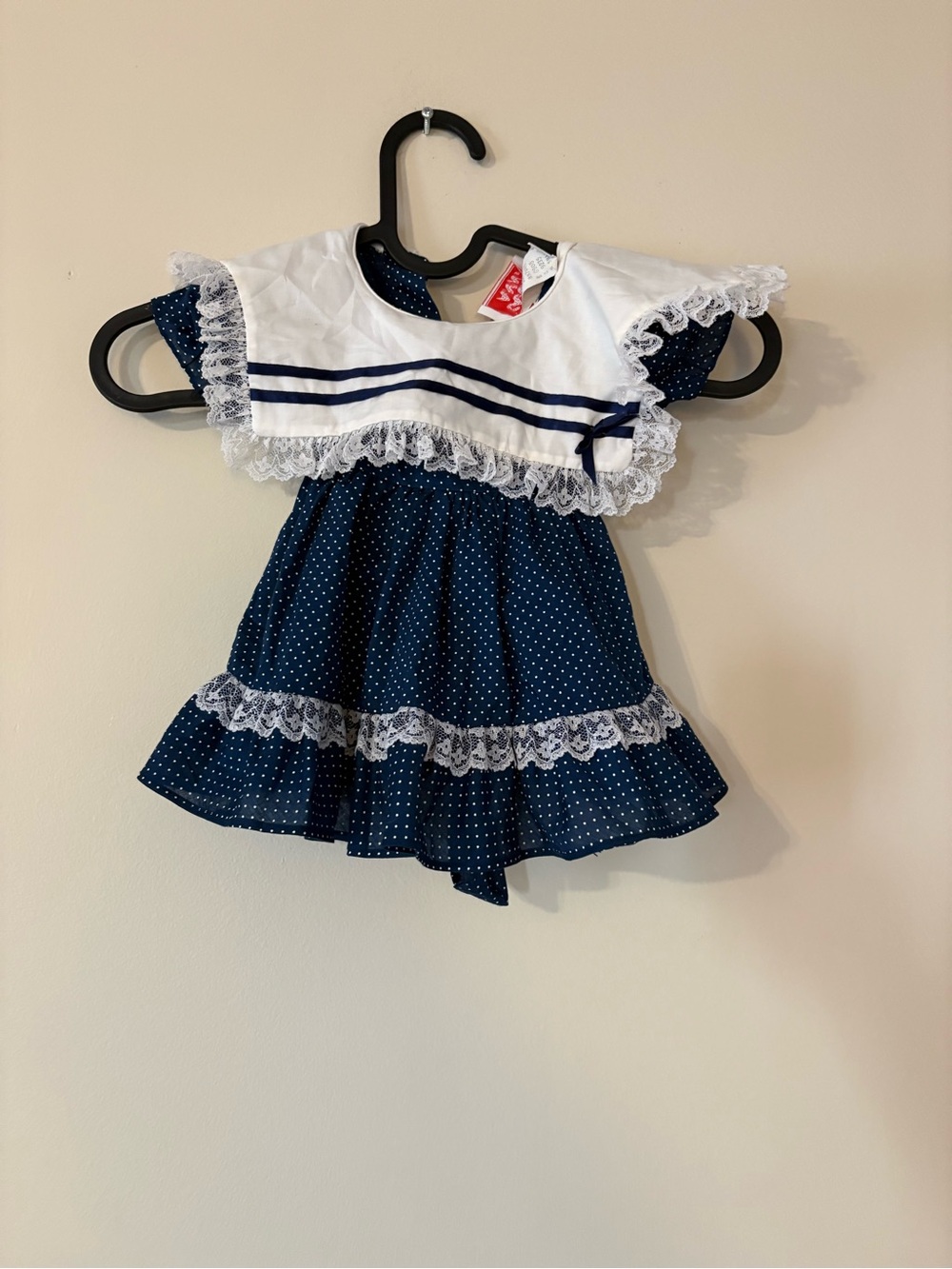 Vintage Classic Navy Polka Dot Lace-Trim Girls dress 9M